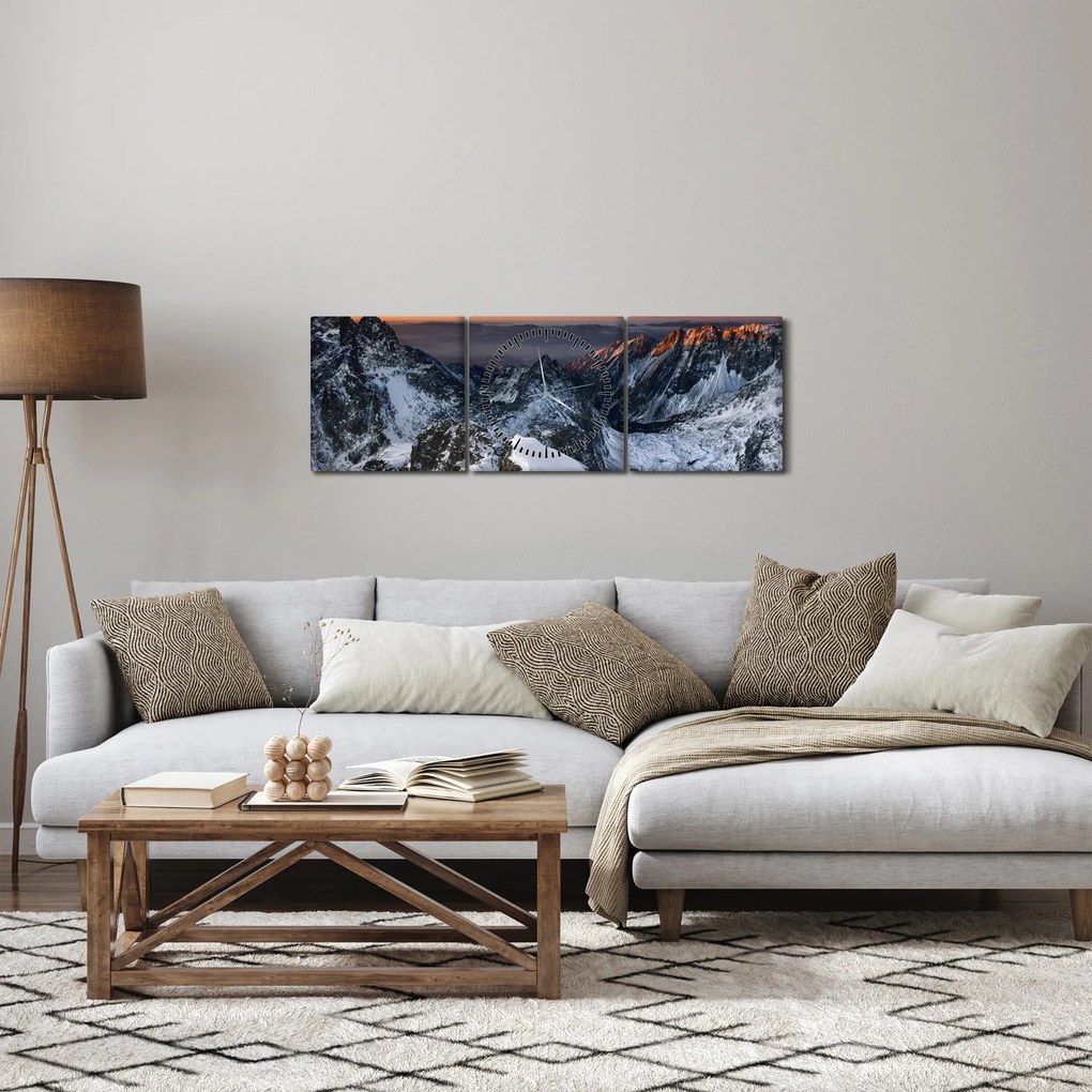 Obraz - Wschód słońca w górach (z zegarem) (90x30 cm)
