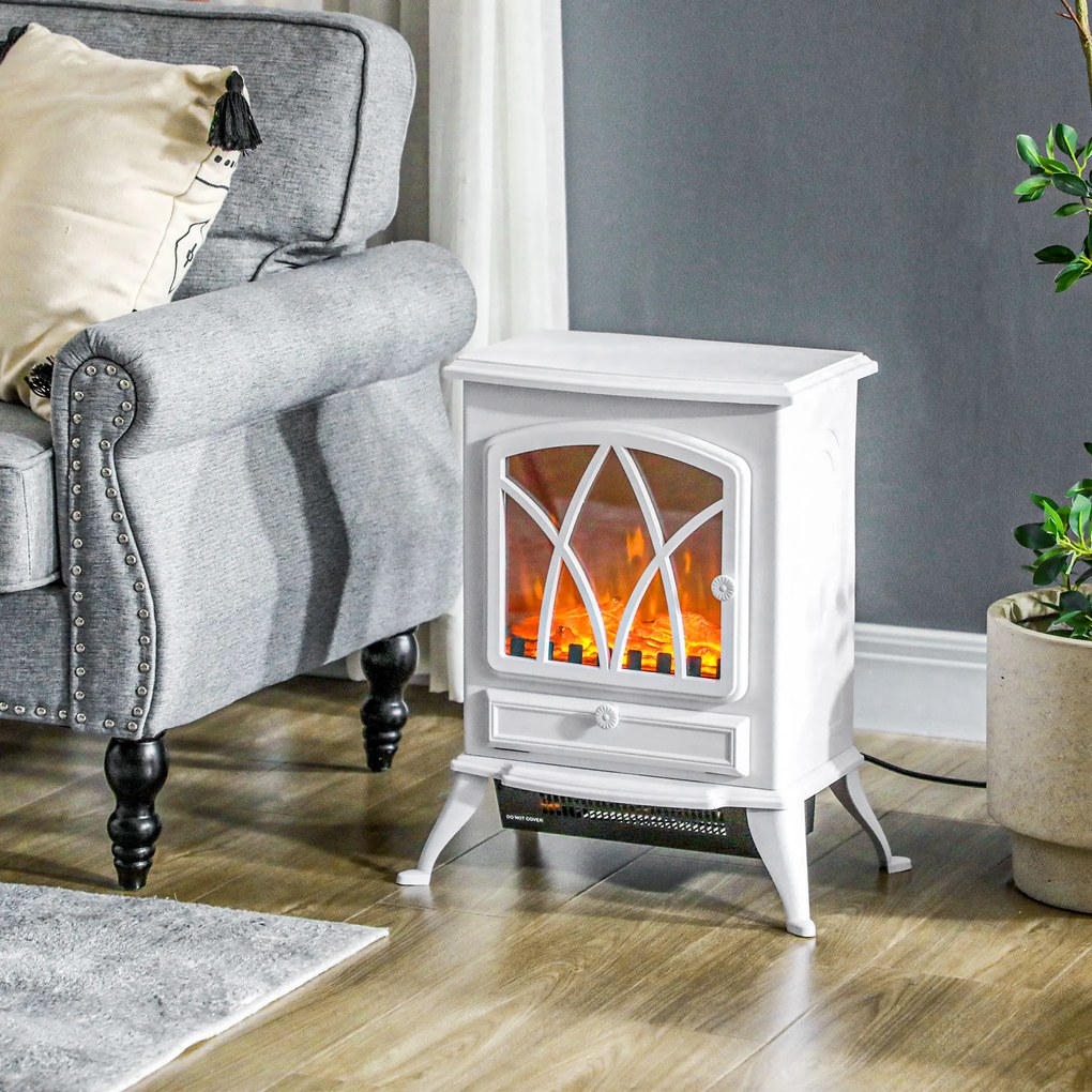 HOMCOM Elektryczny piec-kominek 1000/2000 W, dekoracyjny kominek z efektem płomienia LED, biały | Aosom PL