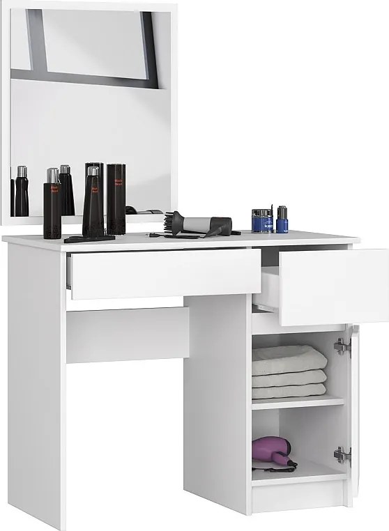 Toaletka AKORD P2 Biała 90 cm z lustrem 500x600 prawa 1 drzwi 2 szuflady kolor Biały mat 2 półki 90x50x142 cm