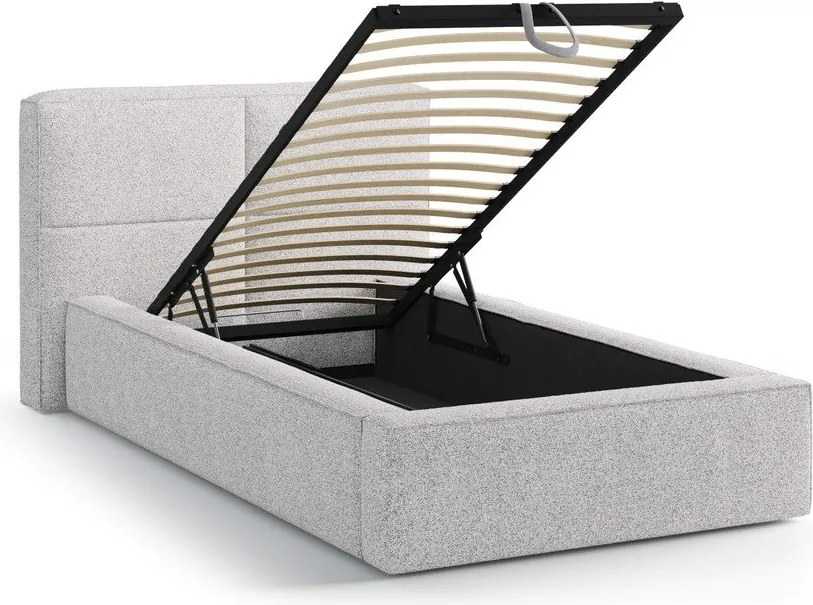 Jasnoszare tapicerowane łóżko jednoosobowe ze schowkiem i stelażem 90x200 cm Darren – Micadoni