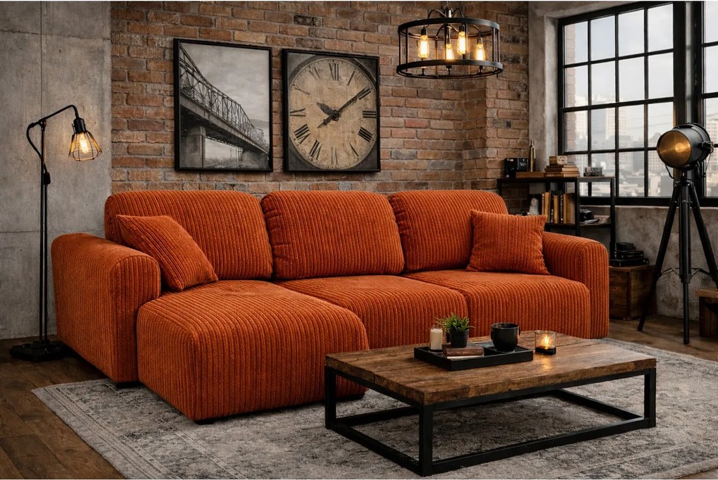 Narożnik w kształcie L z funkcją spania i pojemnikiem Bingo L, tkanina sztruksowa Poso, Miedziany, Lewy