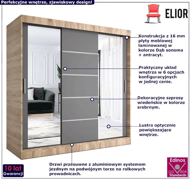 Szafa z frontami przesuwnymi 200 cm dąb sonoma + antracyt - Ebia 6X