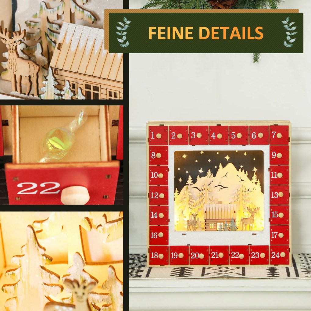 HOMCOM Kalendarz Adwentowy LED z Sceną Wiejską, 24 Duże Szuflady, MDF, 34 x 7 x 34 cm, Czerwony