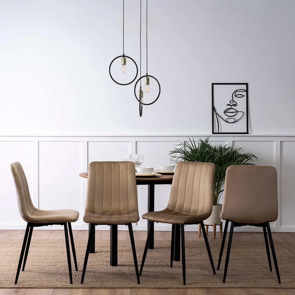 Zestaw Stół Okrągły TEO 100 cm Dąb Złoty/Czarny i 4 Krzesła Tapicerowane IBIS Beżowe Welurowe Nowoczesne Loft
