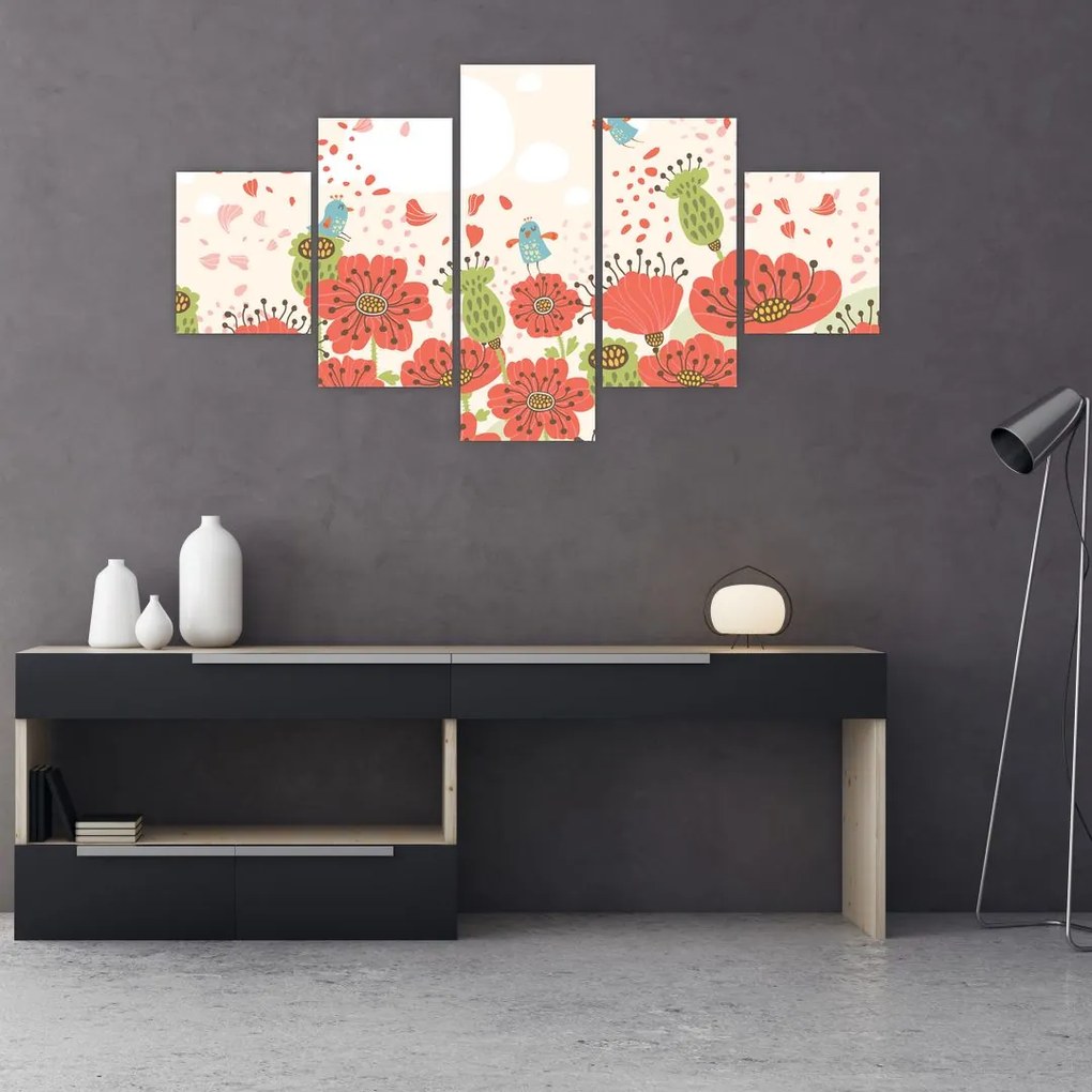 Obraz - Ptaszki na kwitnącej łące (125x70 cm)