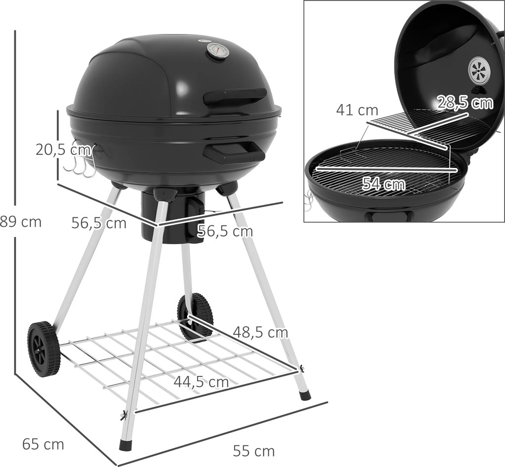 Outsunny Grill węglowy z rusztem, kółkami, półką, pojemnikiem na popiół, wbudowanym termometrem do BBQ, metalowy, czarny, 55 x 65 x 89 cm