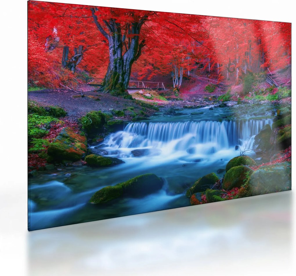 Obraz na szkle wodospadu w czerwonym lesie (70x50 cm)