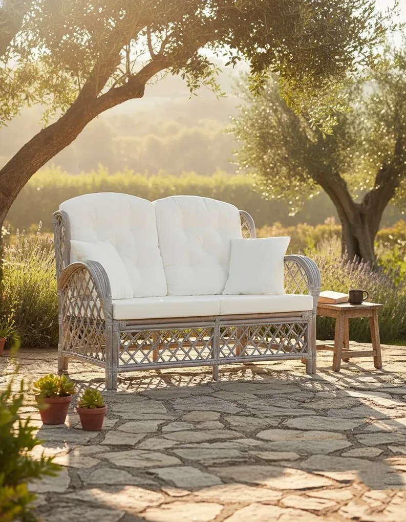 2-osobowa szara sofa rattanowa z lnianą tapicerką T1-E67