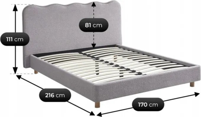 Łóżko Tapicerowane 160x200 cm IZMIR ze Stelażem Dwuosobowe Boucle Szare