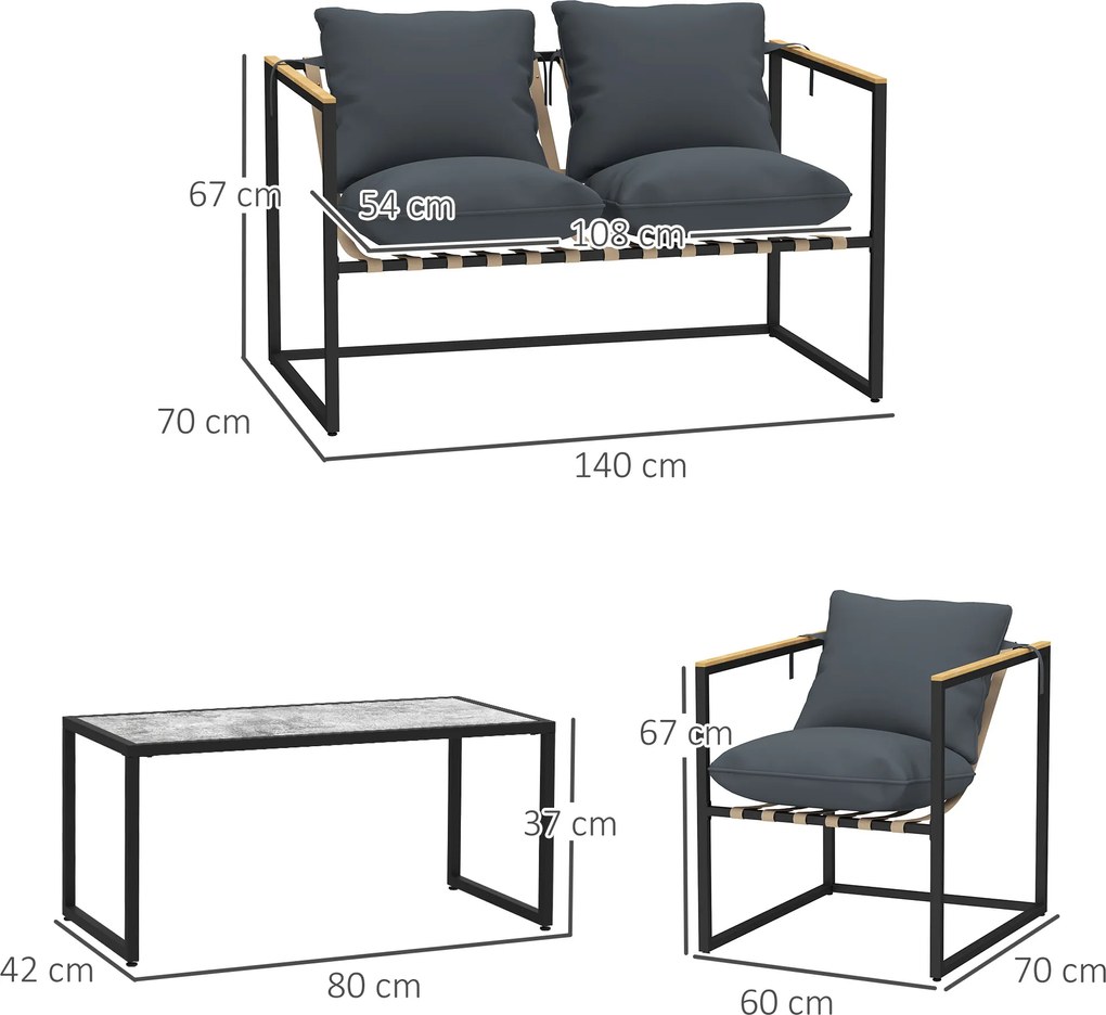 Outsunny 4-częściowy zestaw mebli ogrodowych, Zestaw mebli na zewnątrz, 2 fotele, sofa dla 2 osób, stolik, wyściełane, stal, poliester, szary
