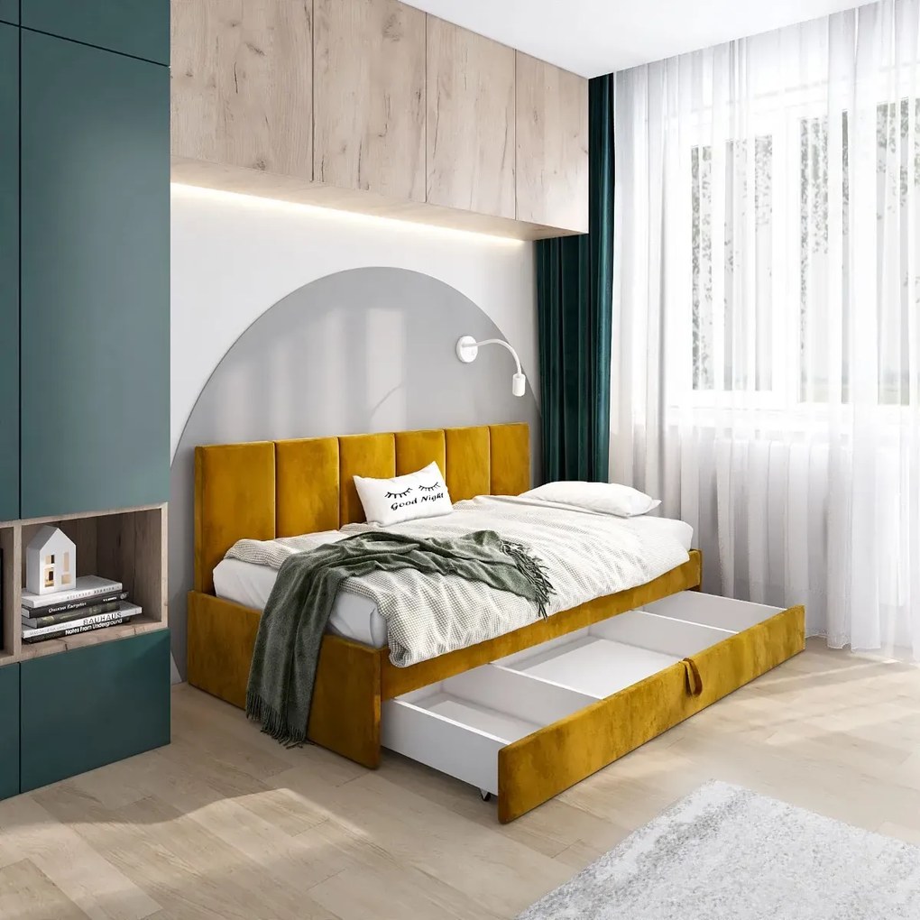 Łóżko młodzieżowe SORA 2 120x200 curry z tapicerowanym panelem i szufladą MKPOL