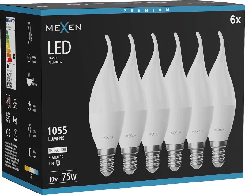 Mexen Nova 6x żarówka LED płomyk E14, C37, 10W, Neutralna - 4000K, 1055 lm - L106-E14-1040-01x06