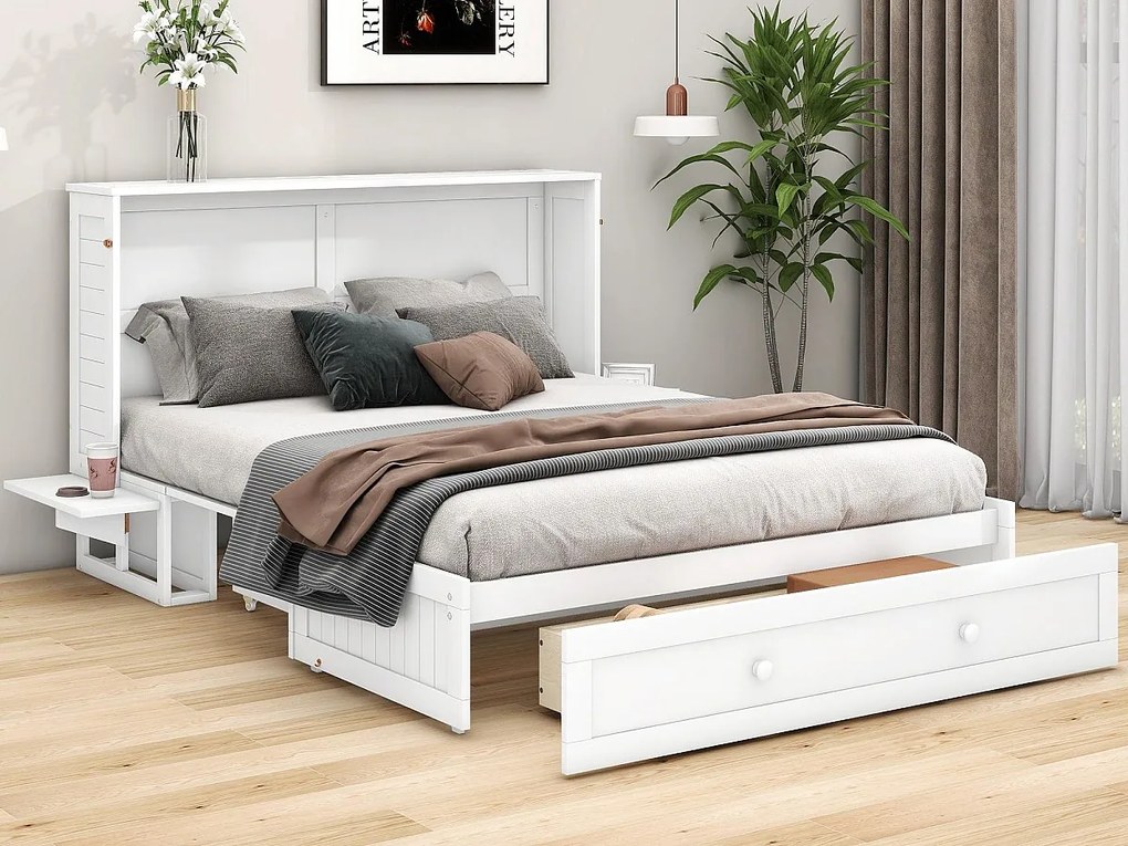 Łóżko wielofunkcyjne składane 140x200cm z litego drewna - z szufladą i podparciem na wezgłowiu - Białe