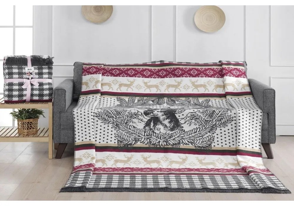 Szarobeżowy koc ze świątecznym motywem z mieszanki bawełny 150x200 cm – Mila Home
