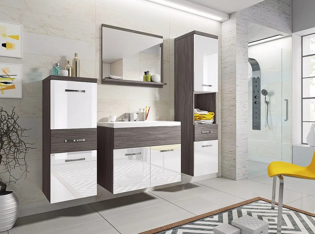 Nowoczesne meble łazienkowe, wiszący zestaw z umywalką, lustrem i słupkami, korpus bodega mat / fronty biały połysk