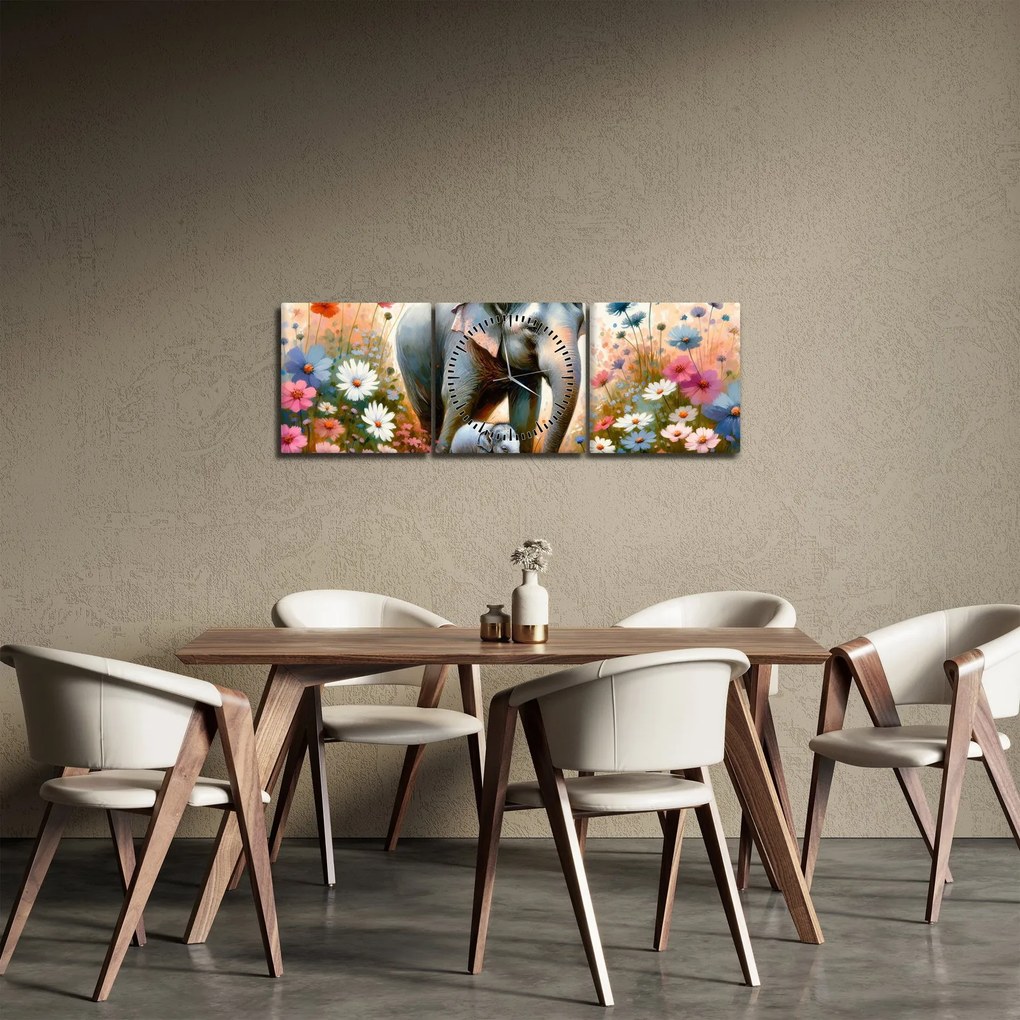 Obraz - Słoniowa mama, akwarela (z zegarem) (90x30 cm)