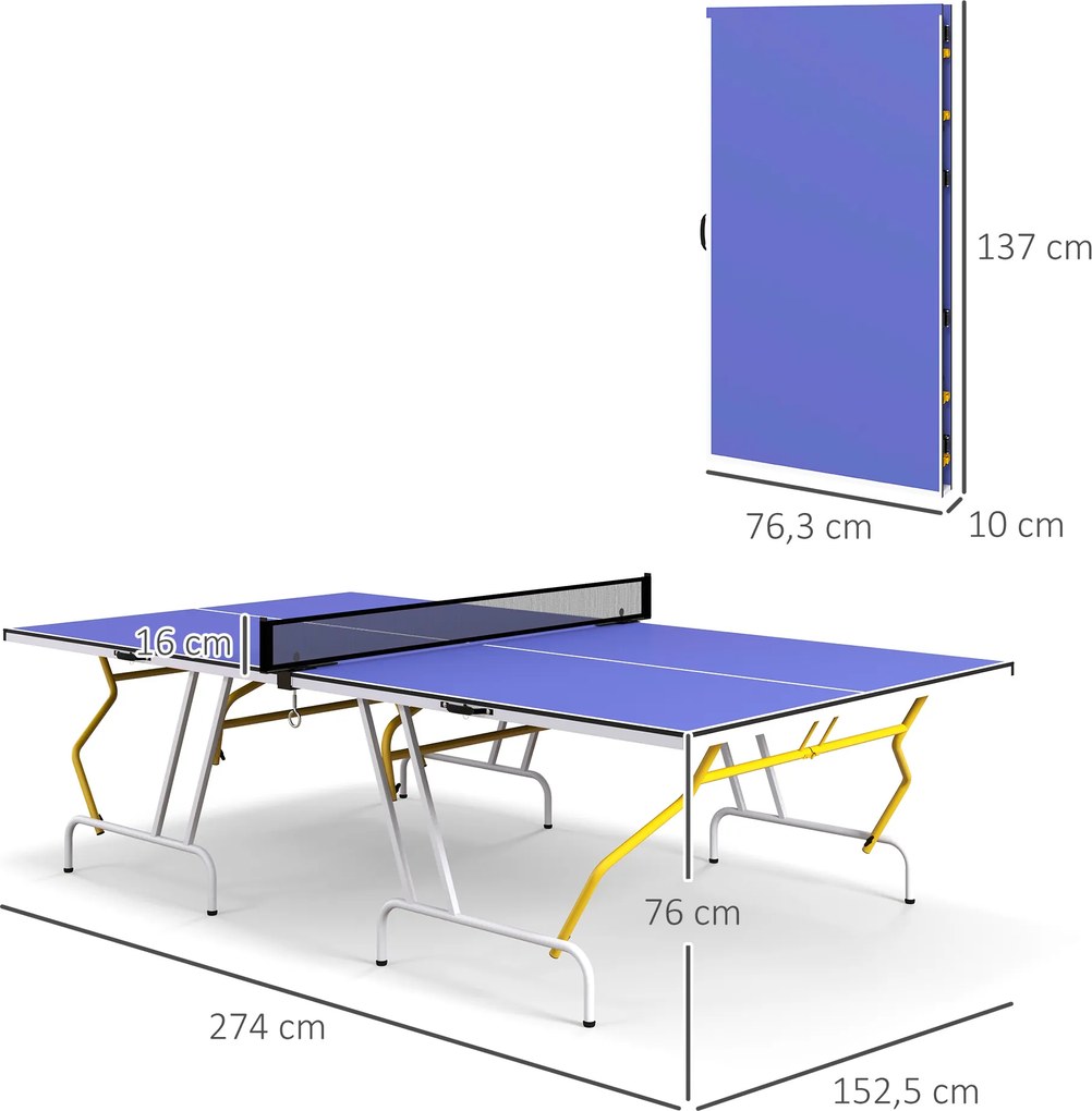 SPORTNOW Stół tenisowy składany z akcesoriami rakietki piłki siatka niebieski 274x152x76 cm | Aosom PL