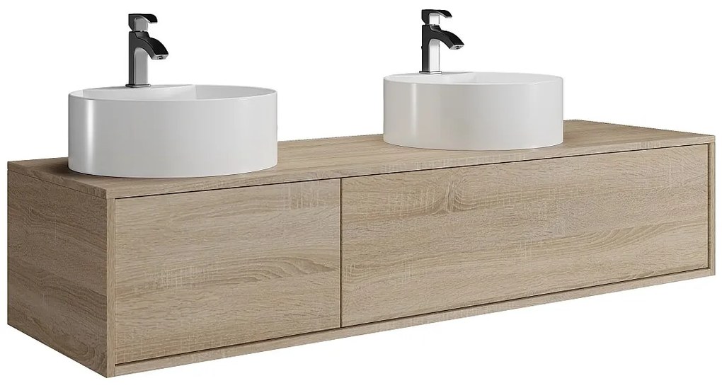 Wisząca szafka z podwójną umywalką do łazienki,  w jasnym, naturalnym kolorze  - L150 cm - ISAURE II