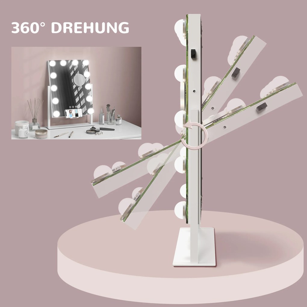 HOMCOM Lustro Kosmetyczne LED, 3 Tryby Światła, Dimmable, Sterowanie Dotykowe, USB, 37x46 cm, Białe