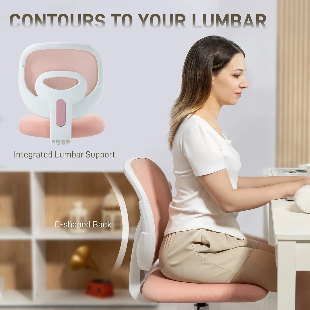 HOMCOM Krzesło biurowe ergonomiczne z C-kształtnym oparciem, regulowana wysokość, różowe