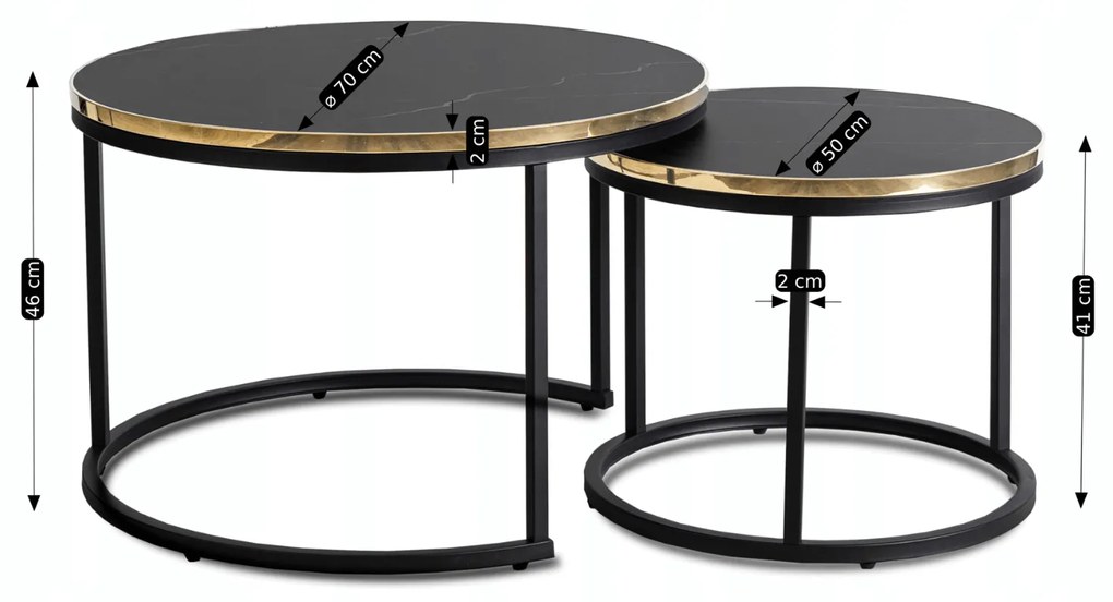 Zestaw Stolików Kawowych ARON 70 cm/50 cm Czarny Marmur Glamour