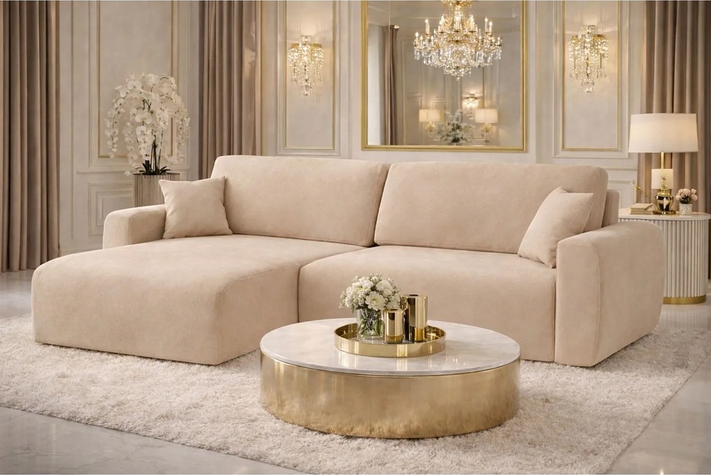 Narożnik z funkcją spania i pojemnikiem Ariel L, tkanina welurowa Salvador, Beżowy, Lewy