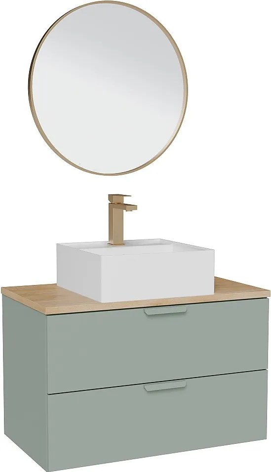 Wisząca szafka łazienkowa z umywalką wpuszczaną w blat kwadratową, baterią i lustrem – Szałwiowa zieleń – S80 cm – AVORELI