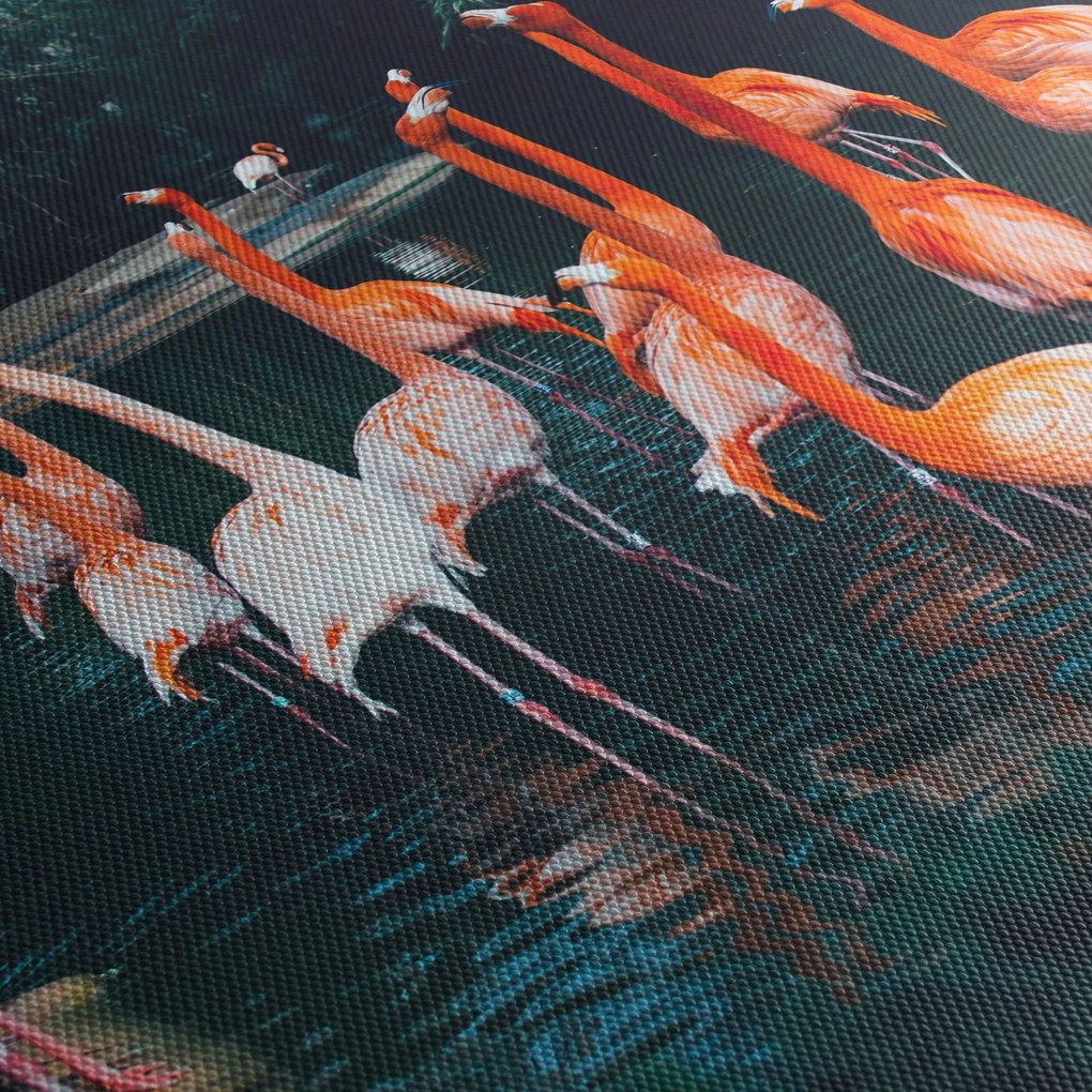 Obraz stada flamingów (z zegarem) (90x30 cm)