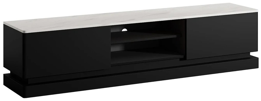 Szafka RTV z 2 szufladami i 2 wnękami z oświetleniem LED – Czarna i imitacja białego marmuru – DEVIKA marki Pascal Morabito