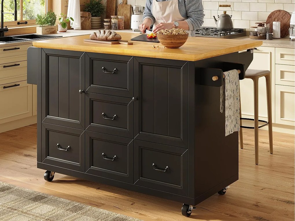 Mobilna wyspa kuchenna - Rozkładany blat - 140x73x93 cm - 3 szuflady i 2 drzwi - otwarte półki - z wieszakiem na ręczniki - MDF - Czarny