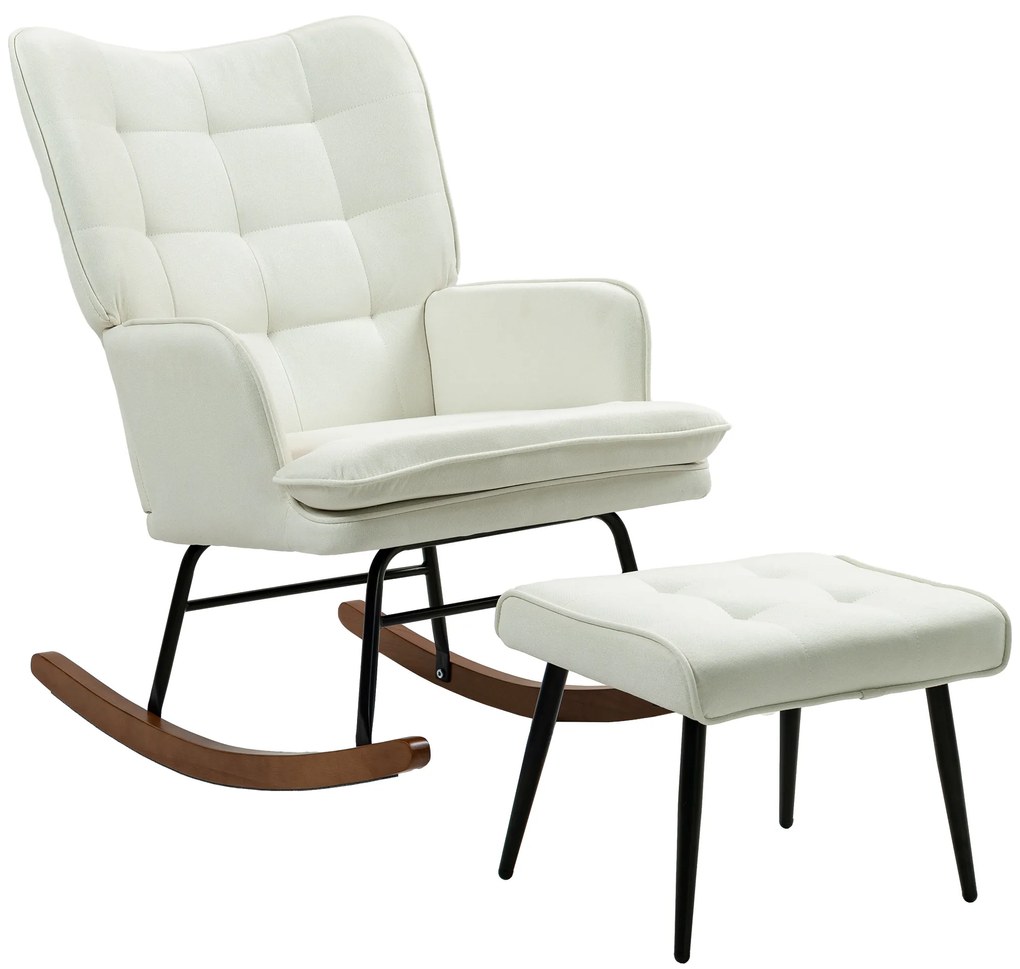 HOMCOM Fotel bujany z podnóżkiem, delikatny system bujania, imitacja lnu, 64 x 89 x 90 cm, kolor kremowy