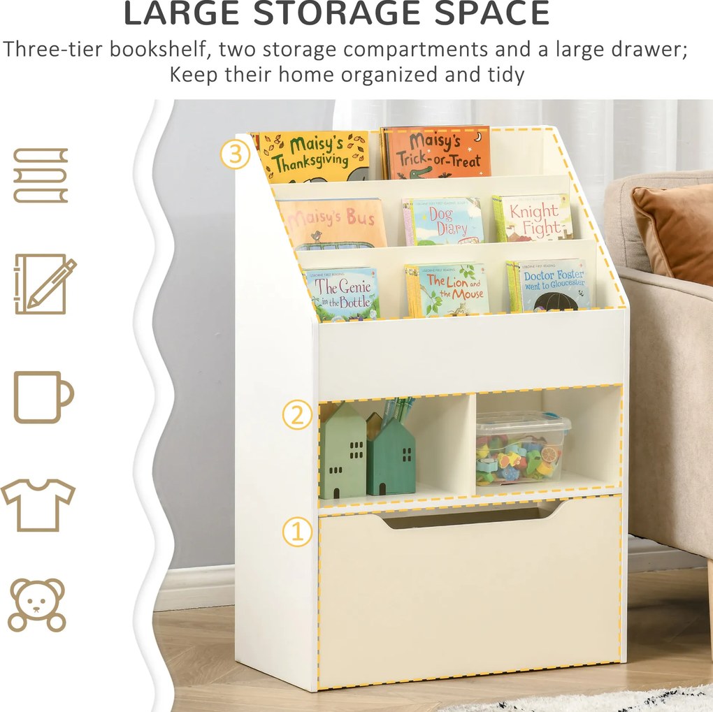 HOMCOM Regał dla Dzieci z Szufladą, Regał na Książki z Półkami, 60 x 29,9 x 90 cm, Biały