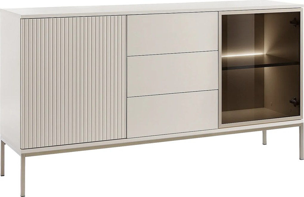 Komoda 2-drzwiowa z 3 szufladami i oświetleniem LED z MDF i dymionego szkła - Beżowy i czarny - OVILA