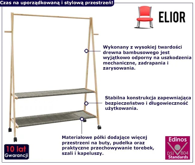 Wieszak bambusowy na kółkach z 2 półkami 132cm D6-Z58