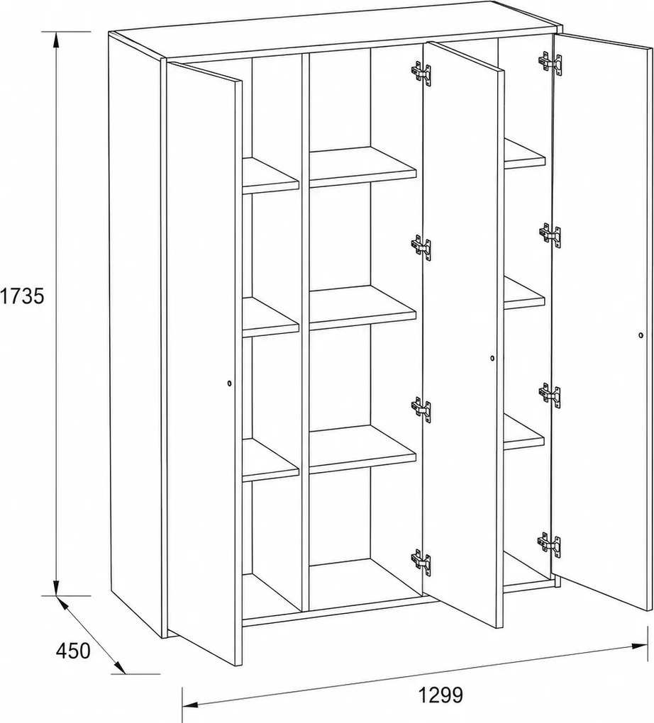 Szafka biurowa FRAME, 3x drzwi, 1299 x 450 x 1735 mm, PUSH-lock, orzech
