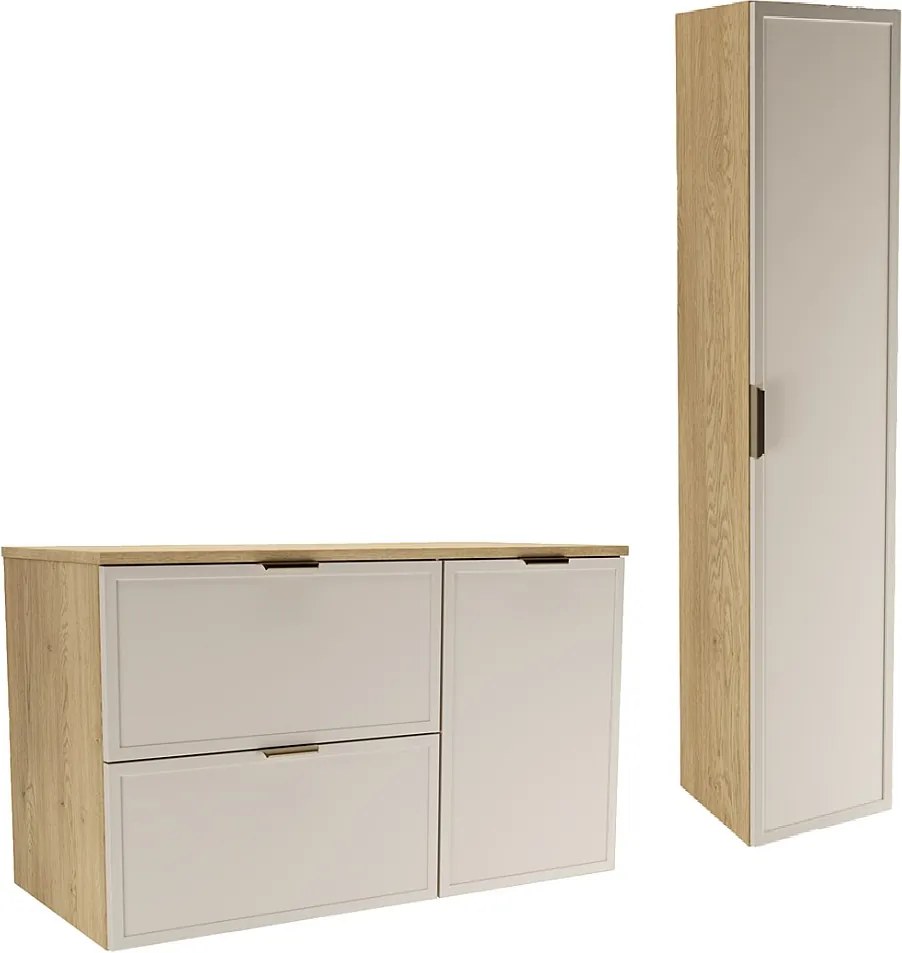 Zestaw do Łazienki 100cm Szafka z Koszem na Pranie Słupek Fronty Ramka Dąb Cremona / Kaszmir Roma