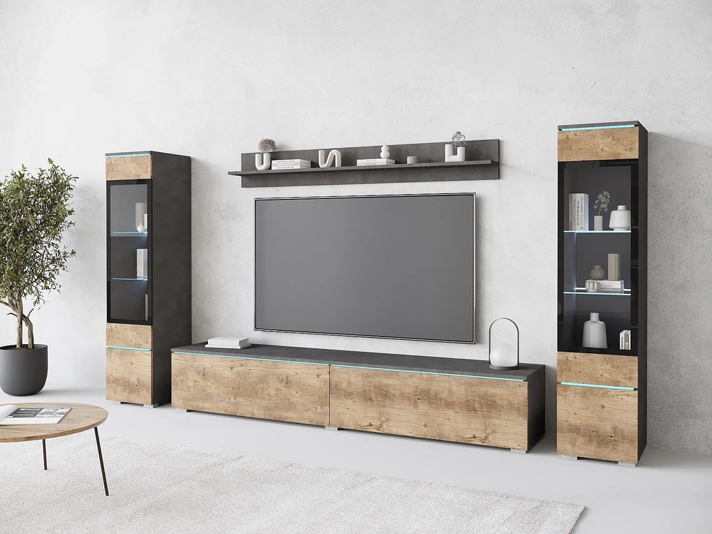 Zestaw mebli do salonu z LED 4 elementy – szafka RTV 180 cm, 2 witryny i półka, stojąca lub wisząca, korpus antracyt, fronty kasztan mat