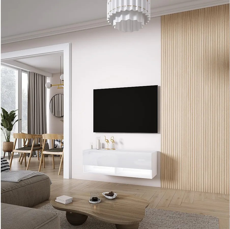 Szafka pod telewizor 100 cm Biały Mat / Biały Połysk, LED biały, 100 × 32 × 34 cm
