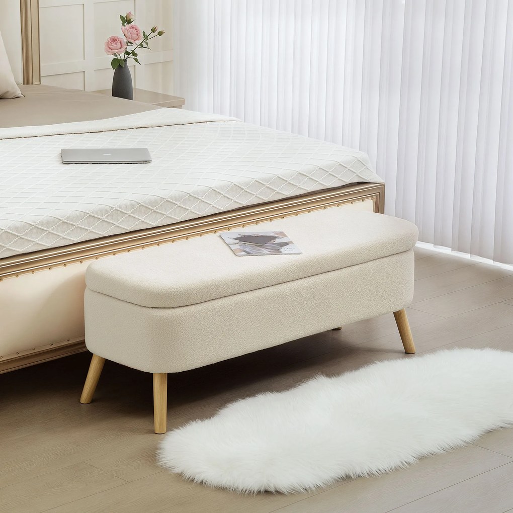 HOMCOM Ławka z miejscem do przechowywania, 65 L, materiał Teddy-Fleece, drewno kauczukowe, 120 x 42 x 45 cm, Beżowy | Aosom PL