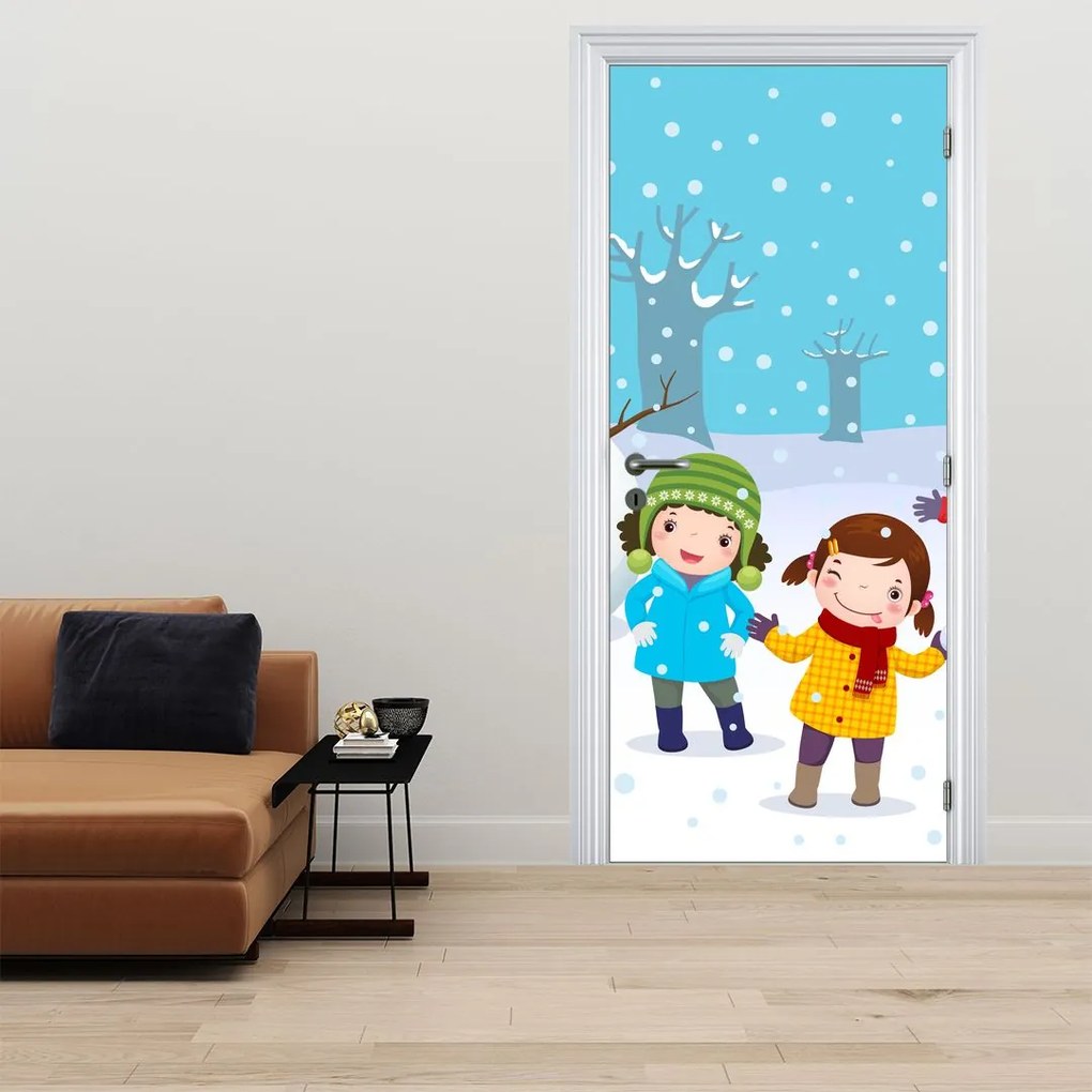 Fototapeta na drzwi - Zimowa zabawa dla dzieci (95x205cm)