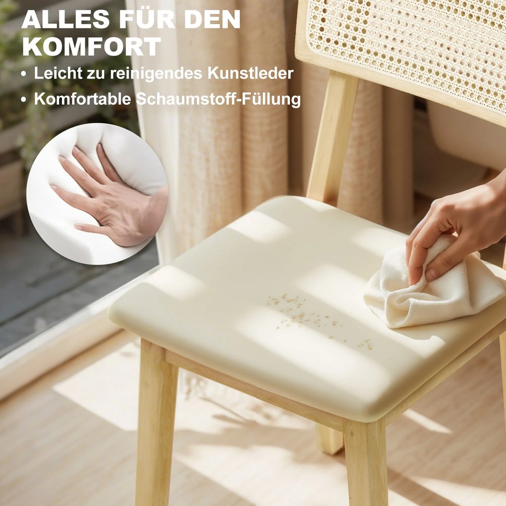 HOMCOM Krzesło jadalniane, oparcie z rattanu, siedzisko z sztucznej skóry, drewno gumowe, naturalne drewno