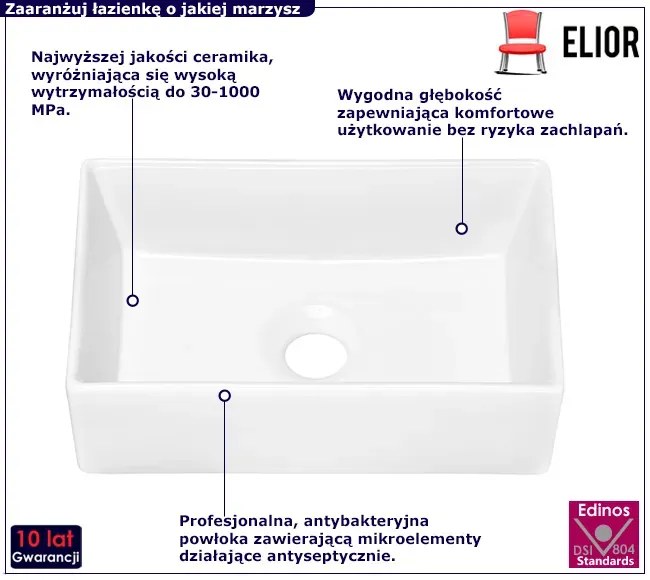 Biała prostokątna umywalka nablatowa Levi