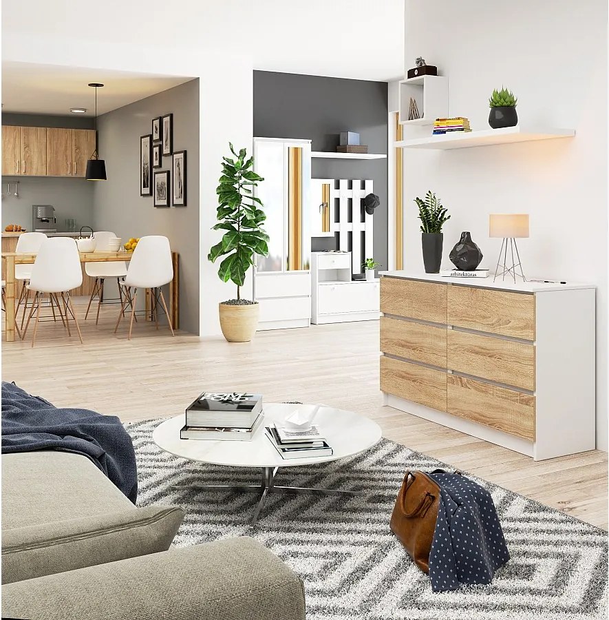 Komoda AKORD K120 Biała 120 cm 6 szuflad kolor Dąb Sonoma mat 120x40x77 cm