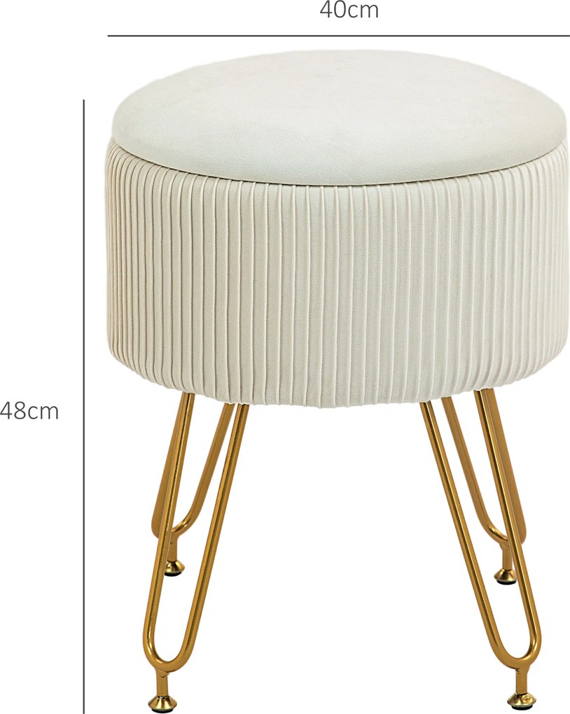 HOMCOM 2-w-1 Hoker z miejscem do przechowywania na metalowych nogach, okrągły podnóżek do salonu, sypialni, przedpokoju, Kremowy