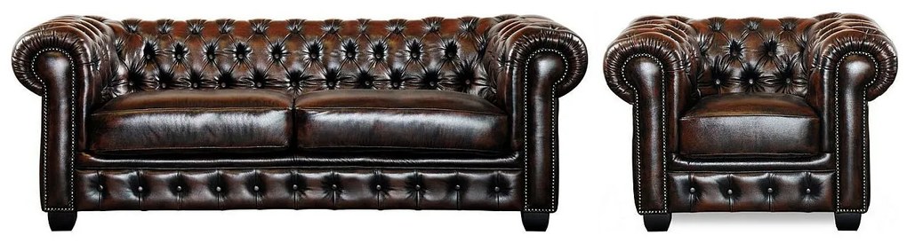 Komplet wypoczynkowy typu chesterfield 3+1BRENTON 100% skóry bawolej - Kolor: brązowy z kasztanowymi refleksami