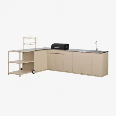 Kuchnia Modułowa Narożna Zewnętrzna 6-częściowa Z Zlewem, Schowkiem I Grillem Węglowym Ze Stali Rivana Kremowa Tapioca - Sklum