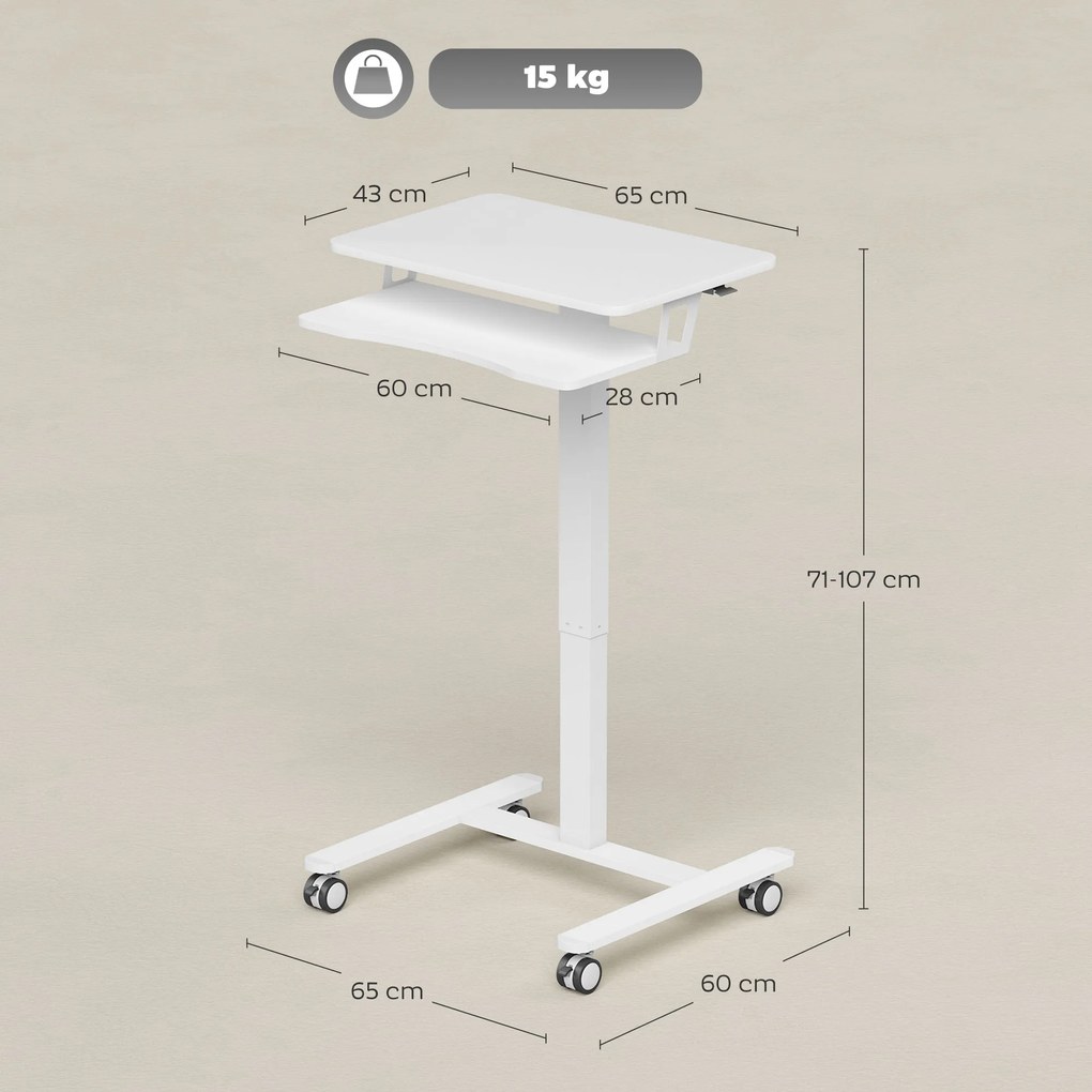 HOMCOM Stojące Biurko Regulowane, Mobilne Biurko Sit-Stand z Półką na Klawiaturę, Kółkami i Stalową Ramą, Biały | Aosom PL