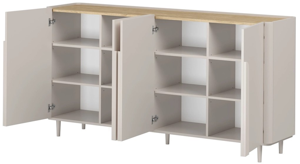 Komoda Amilio 200 cm czterodrzwiowa na nóżkach - kaszmir / dąb olejowany / uchwyty kaszmir