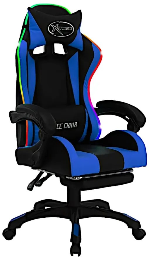 Czarno-niebieski fotel gamingowy z podnóżkiem i diodami LED T2-C28