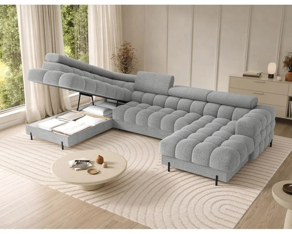 Szary rozkładany narożnik z materiału bouclé (lewostronny/w kształcie litery U) Feraria – ELTAP